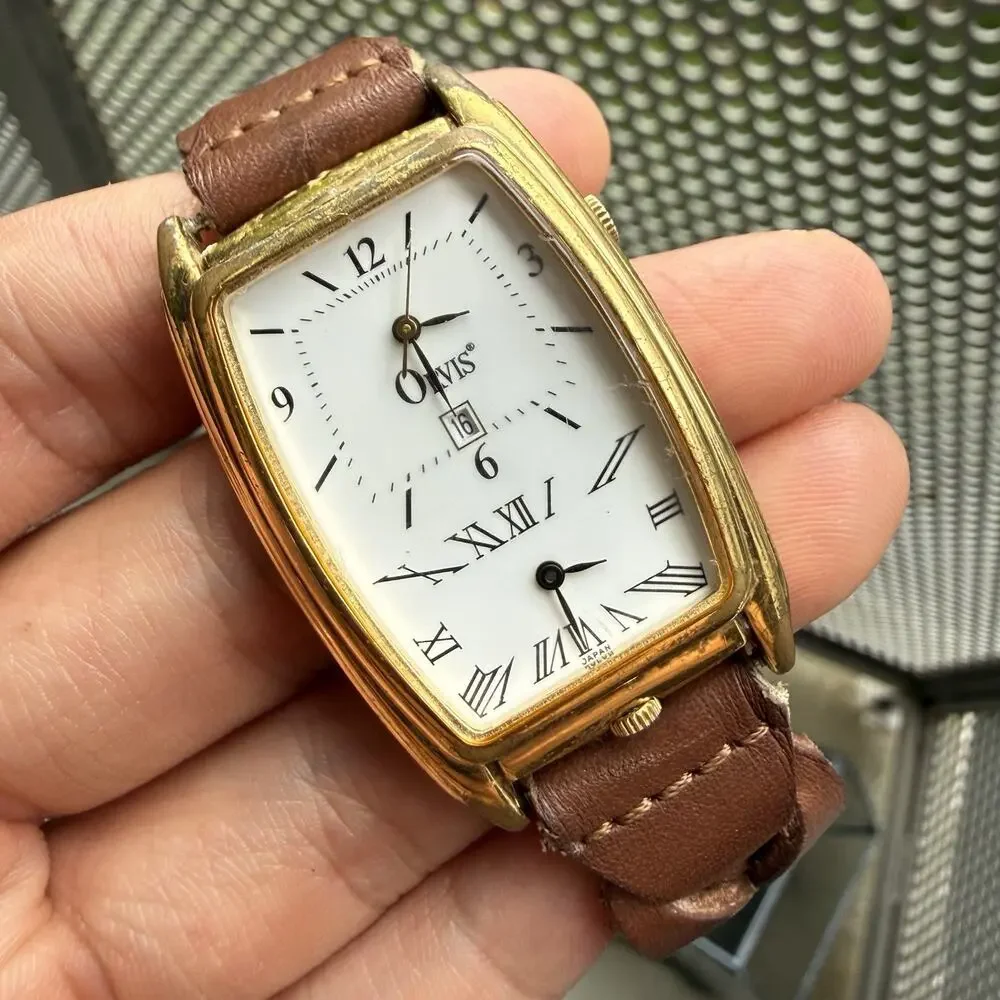 Vintage Orvis Dual Time Gold Plated Men’s Dress Wrist Watch Woven Brown Bracelet